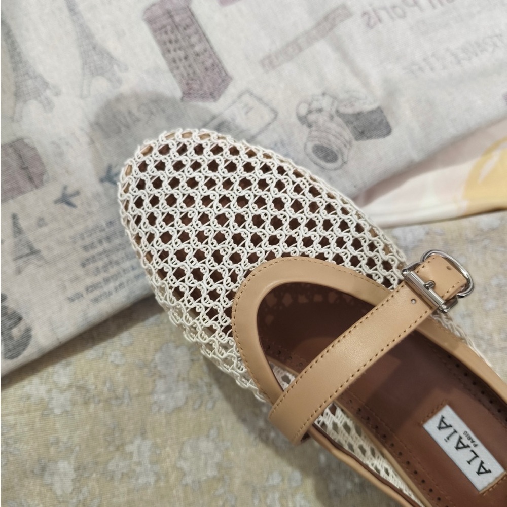 Alaia Cream Woven Mary Jane Flats with Tan Leather Trim - Picture 4 of 6